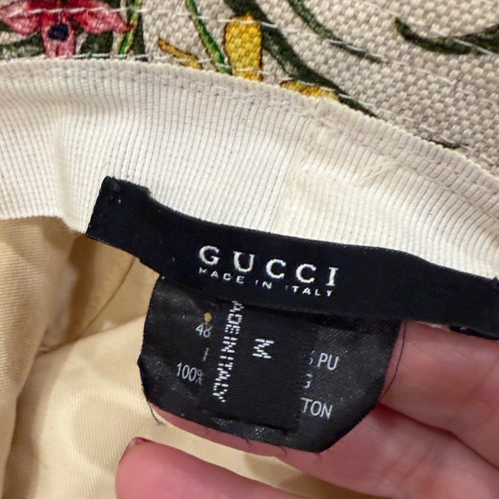 Gucci White Floral Print Bucket Hat with Beige Leather Trim - Picture 10 of 14